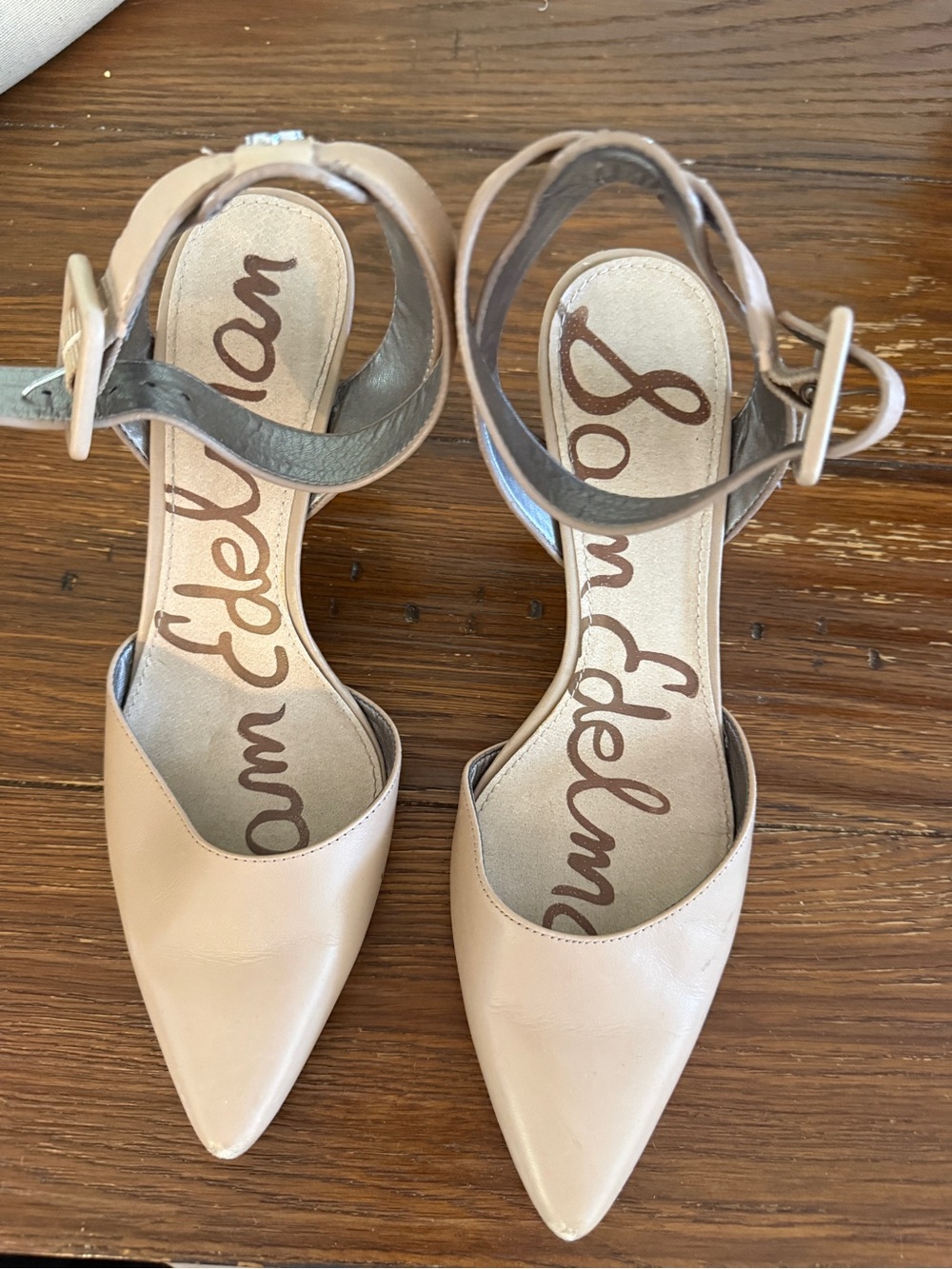 Sam Edelman Nude Pointed-Toe Ankle Strap Heels